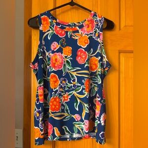 Vince Camuto Back Keyhole Navy Floral Sleeveless Top with Orange & Pink Blooms